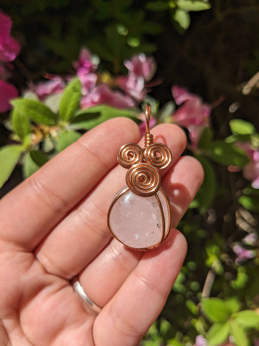 Triple spiral rose quartz pendant